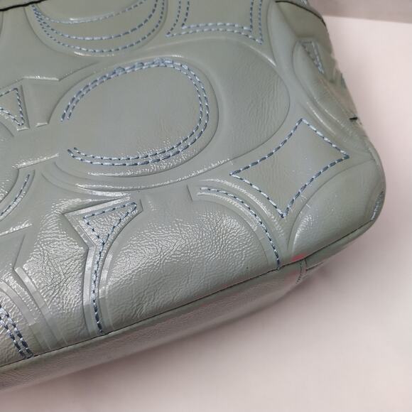 Coach Blue Patent Leather Signature C Embossed Double Handles Pockets Tote Bag - Picture 8 of 16